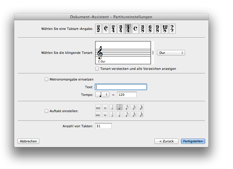 Dialogbox Dokument-Assistent Partitureinstellungen
